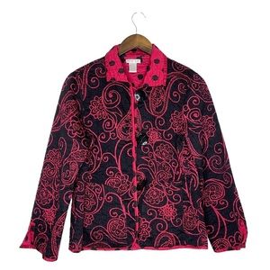 Patty Kim Quilted Reversible Collar Floral Red & Black Jacket Size Small
